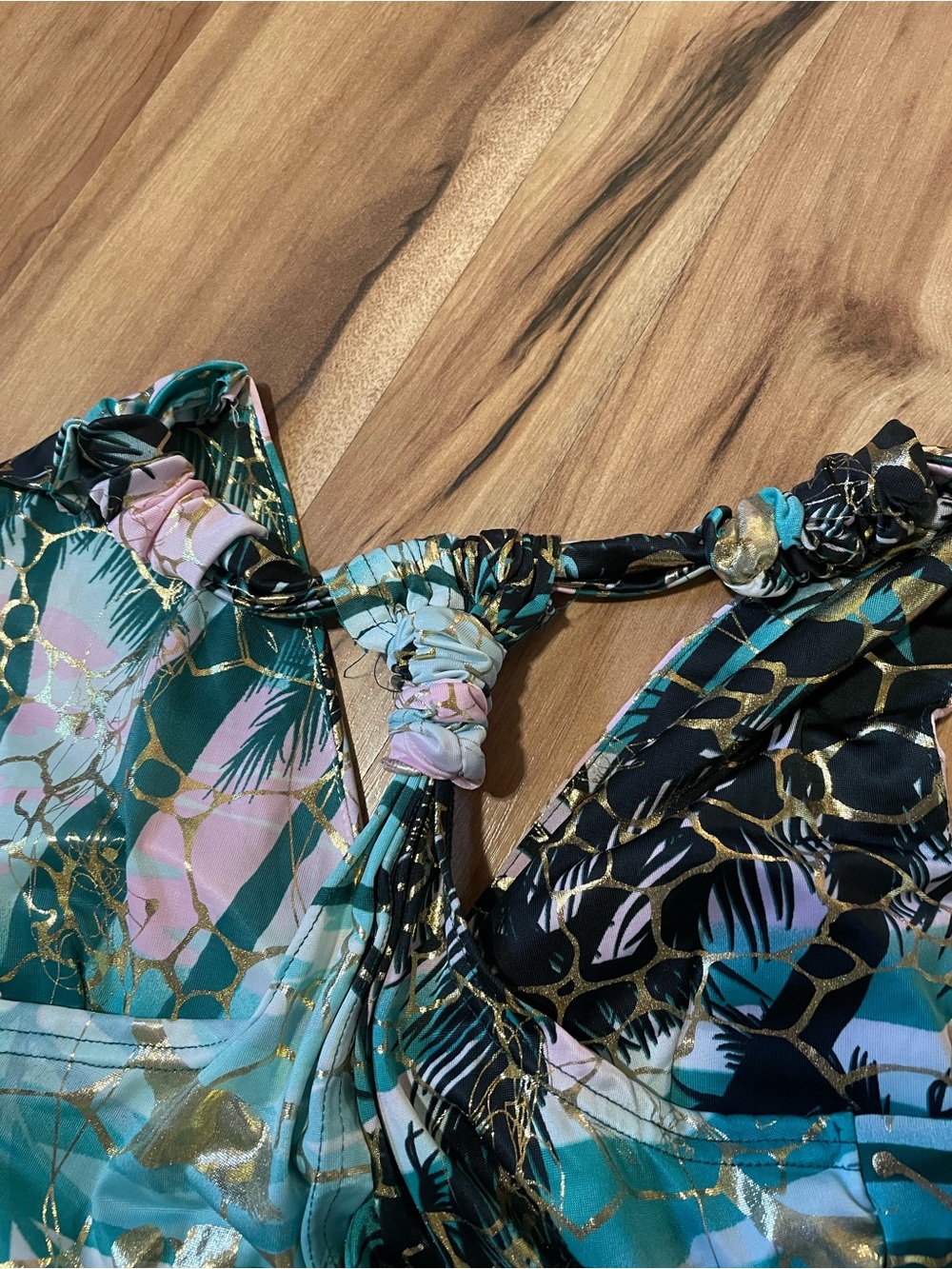 Shoreline Wear Tropical Teal Gold Foil Metallic Halter Maxi Dress S/M - Picture 4 of 9